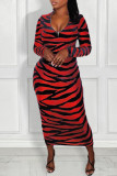 Red Fashion Sexy Print Backless Zipper Collar Long Sleeve Dresses