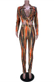 Multicolor Fashion Casual Print Asymmetrical Turndown Collar Long Sleeve Two Pieces