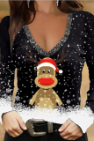 Black Red Casual Party Snowflakes Santa Claus Christmas Tree Printed Snowman Printed Patchwork V Neck Tops