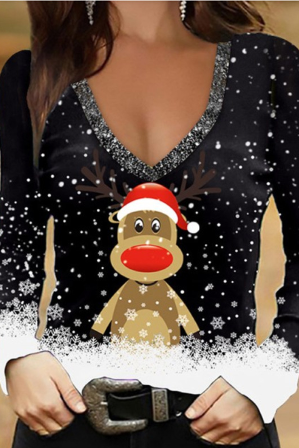 Black And White Casual Party Snowflakes Santa Claus Christmas Tree Printed Snowman Printed Patchwork V Neck Tops