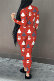 Red Casual Print Patchwork Zipper Collar Regular Jumpsuits
