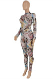 Multicolor Fashion Casual Print Basic Half A Turtleneck Skinny Jumpsuits