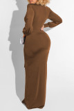 Brown Sexy Solid Split Joint Asymmetrical V Neck Straight Dresses