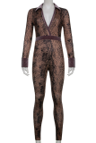 Brown Sexy Print Patchwork Turndown Collar Skinny Jumpsuits