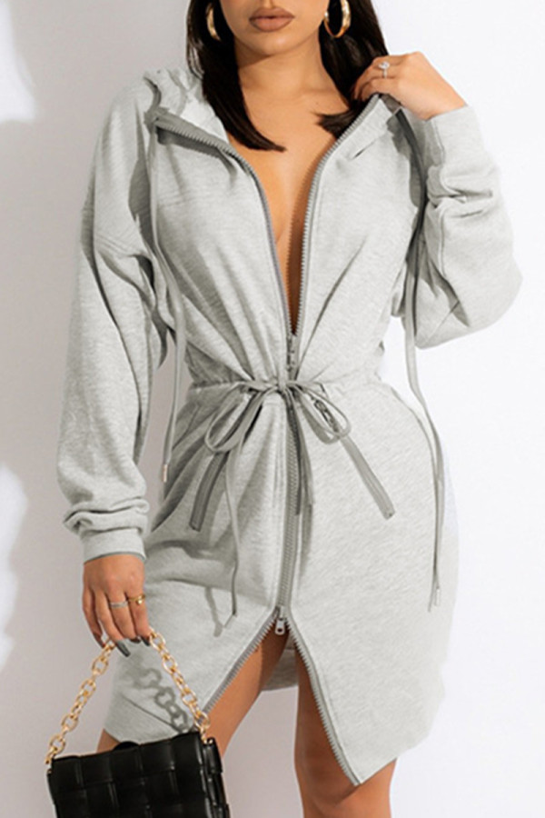 Grey Fashion Casual Solid Patchwork Zipper Hooded Collar Long Sleeve Dresses