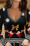 Black Red Casual Party Snowflakes Santa Claus Christmas Tree Printed Snowman Printed Patchwork V Neck Tops