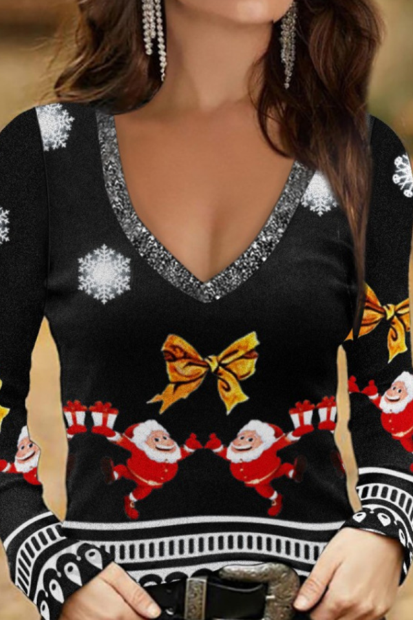 Black Casual Party Snowflakes Santa Claus Christmas Tree Printed Snowman Printed Patchwork V Neck Tops