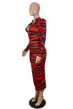 Red Fashion Sexy Print Backless Zipper Collar Long Sleeve Dresses