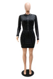 Black Fashion Sexy Patchwork Hot Drilling See-through O Neck Long Sleeve Dresses
