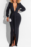Black Sexy Solid Split Joint Asymmetrical V Neck Straight Dresses