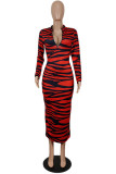 Red Fashion Sexy Print Backless Zipper Collar Long Sleeve Dresses