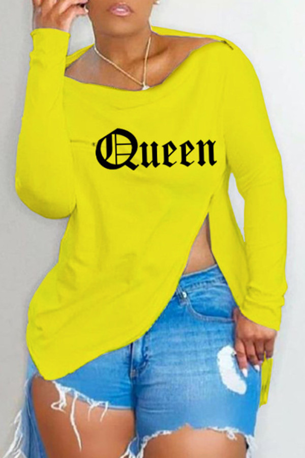 Yellow Fashion Casual Letter Print Patchwork Zipper O Neck Tops