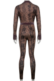 Brown Sexy Print Patchwork Turndown Collar Skinny Jumpsuits