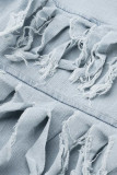 Light Blue Fashion Casual Solid Tassel Mid Waist Regular Jeans