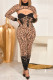 Khaki Sexy Print Leopard Turtleneck Long Sleeve Two Pieces