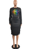 Yellow Fashion Casual Lips Printed Tassel Patchwork O Neck Long Sleeve Two Pieces