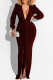 Burgundy Sexy Solid Patchwork Asymmetrical V Neck Straight Dresses
