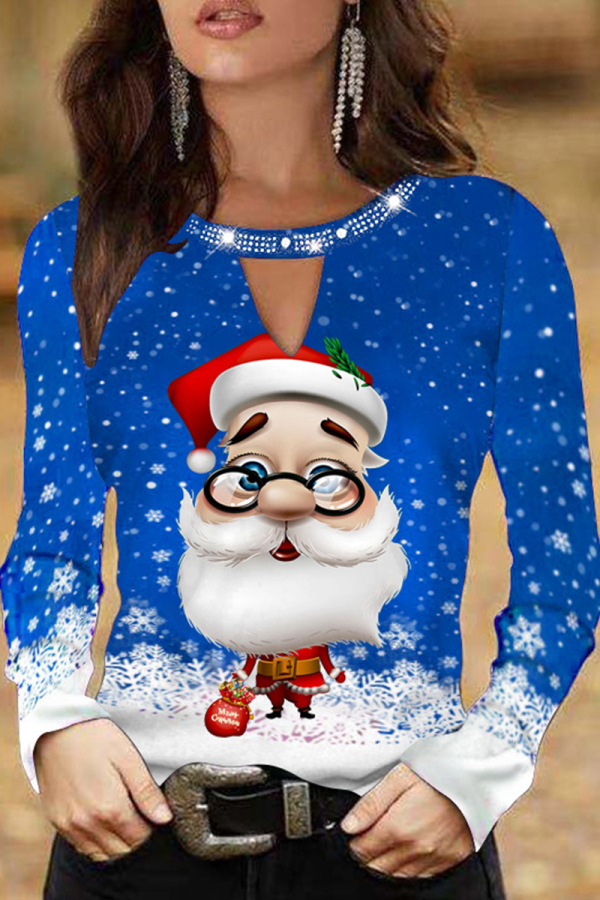 Blue Casual Party Santa Claus Hollowed Out V Neck Tops