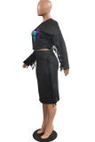 Yellow Fashion Casual Lips Printed Tassel Patchwork O Neck Long Sleeve Two Pieces
