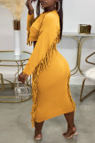 Yellow Fashion Casual Lips Printed Tassel Patchwork O Neck Long Sleeve Two Pieces