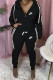 Black Fashion Sportswear Print Patchwork Hooded Collar Long Sleeve Two Pieces