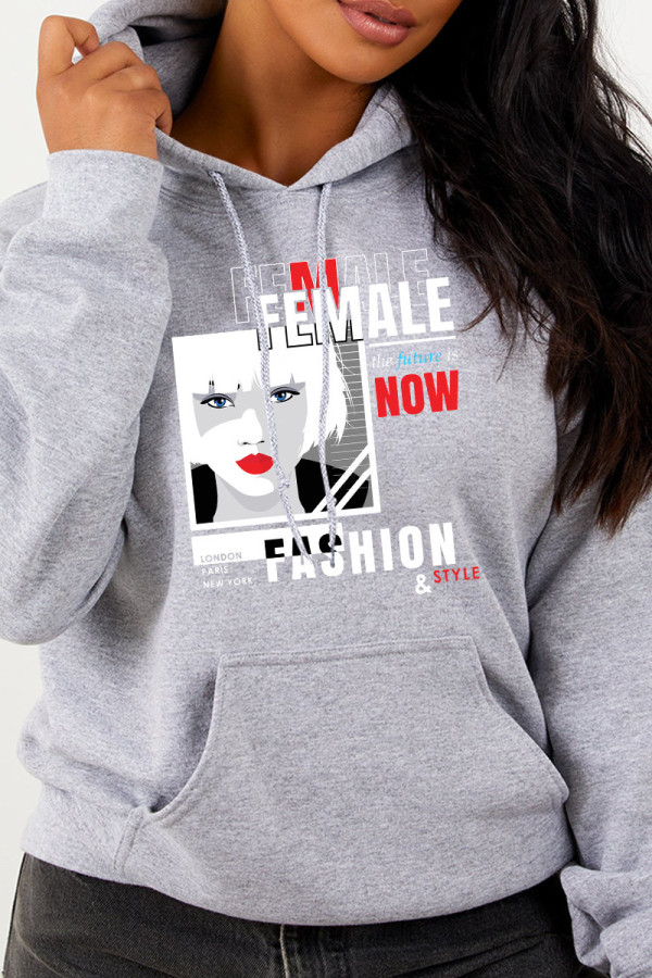 Grey Fashion Casual Print Basic Hooded Collar Tops