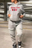 Grey Fashion Casual Print Hooded Collar Tops