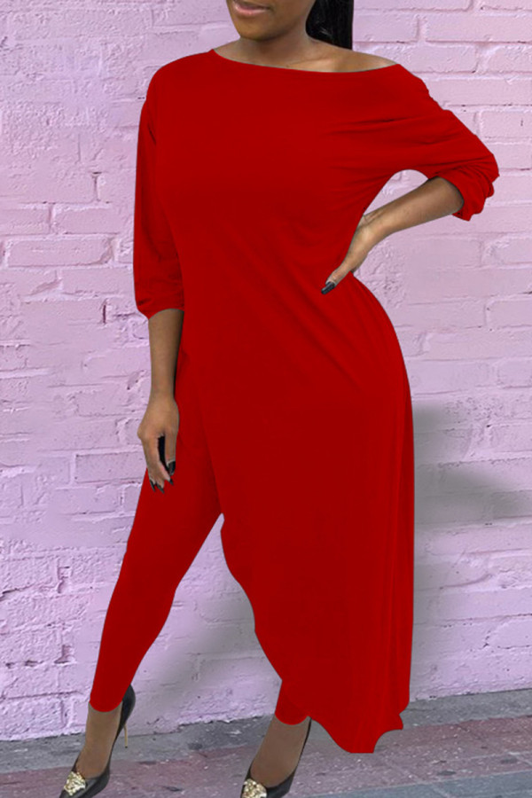Red Fashion Casual Solid Asymmetrical Oblique Collar Long Sleeve Two Pieces
