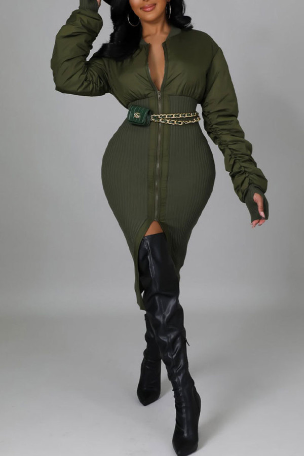 Army Green Casual Street Solid Patchwork Fold Zipper Collar Dresses