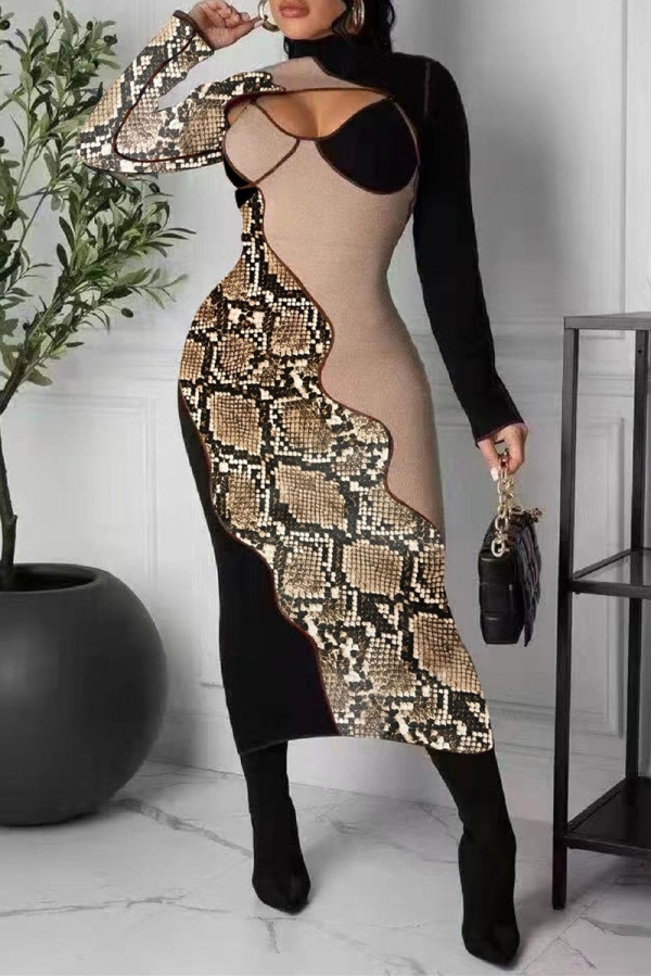 Multicolor Fashion Sexy Patchwork Print Hollowed Out Turtleneck Long Sleeve Dresses
