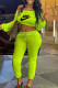 Fluorescent Green Fashion Sexy Print Patchwork Off the Shoulder Long Sleeve Two Pieces
