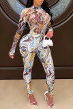 Multicolor Fashion Casual Print Basic Half A Turtleneck Skinny Jumpsuits