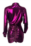 Purple Fashion Sexy Bronzing Split Joint Frenulum Turndown Collar Long Sleeve Dresses