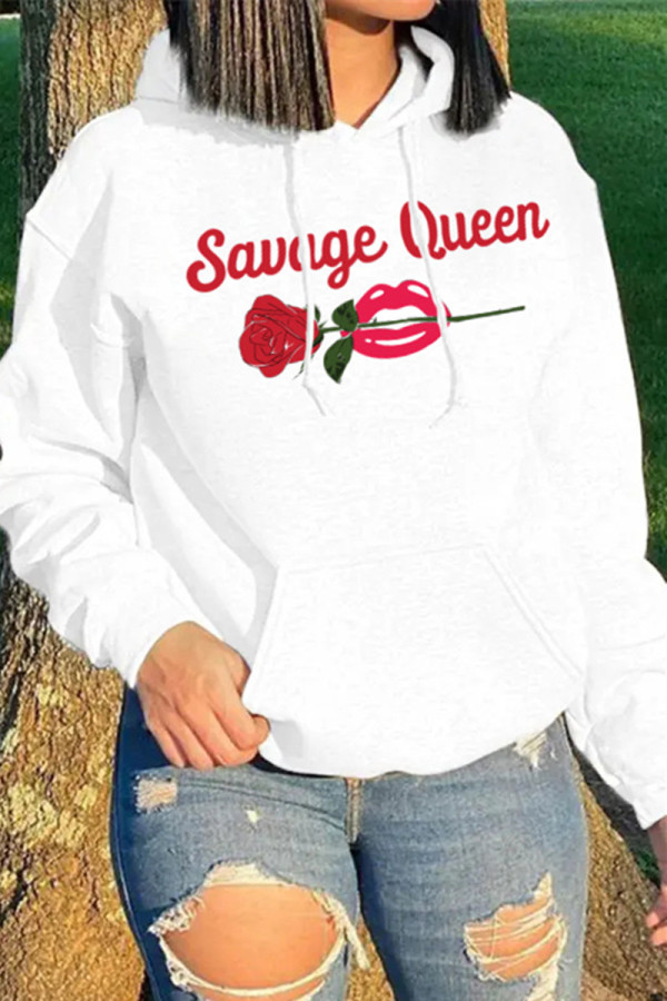 White Fashion Casual Print Hooded Collar Tops