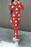 Red Casual Print Patchwork Zipper Collar Regular Jumpsuits