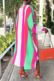 Pink Casual Striped Print Patchwork Asymmetrical O Neck Irregular Dress Dresses