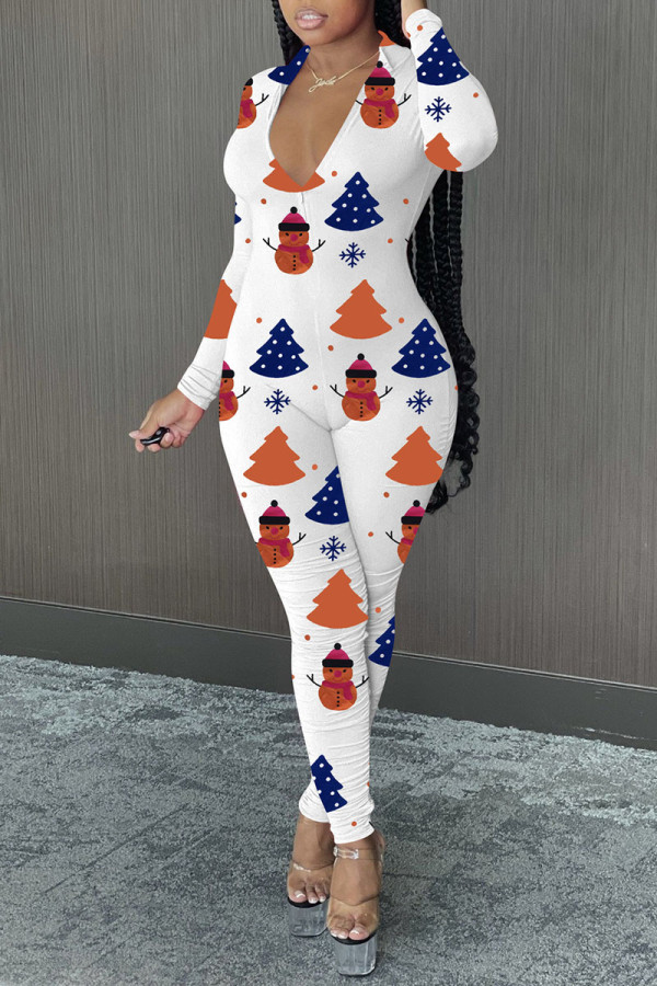 White Casual Print Patchwork Zipper Collar Regular Jumpsuits