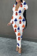 White Casual Print Patchwork Zipper Collar Regular Jumpsuits