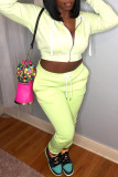 Fluorescent Green Fashion Casual Solid Basic Hooded Collar Long Sleeve Two Pieces