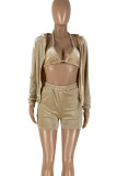 Pink Sexy Solid Patchwork Halter Long Sleeve Two Pieces