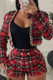 Red Casual Patchwork Buckle Long Sleeve Two Pieces