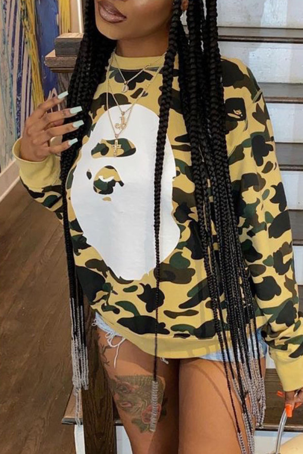 Camouflage Street Print Camouflage Print Patchwork O Neck Tops