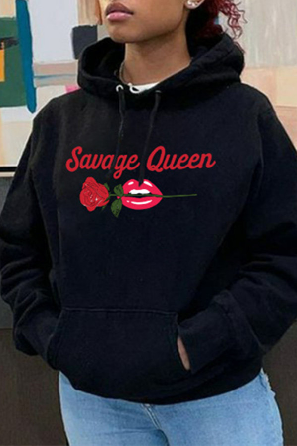 Black Fashion Casual Print Hooded Collar Tops