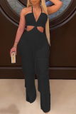 White Sexy Solid Tassel Halter Straight Jumpsuits