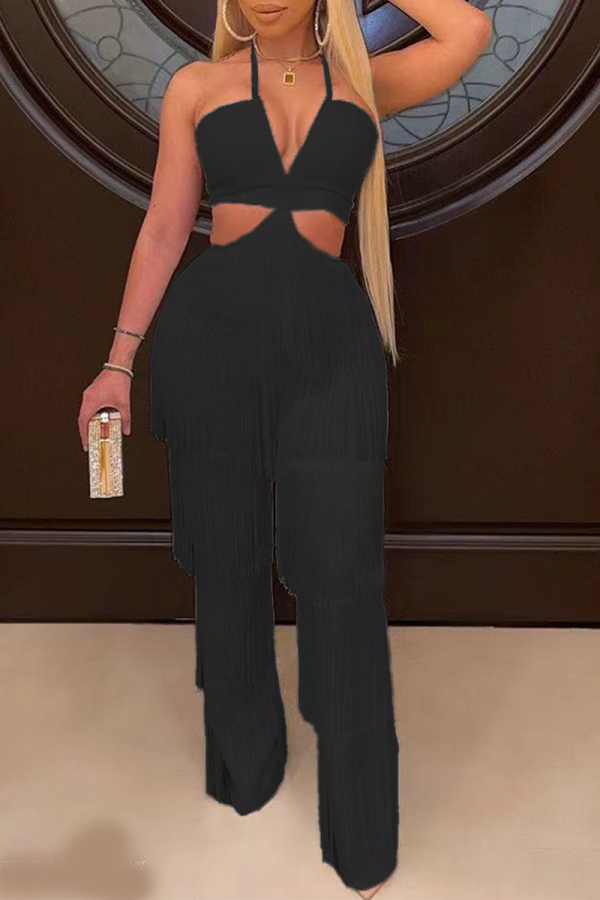 Black Sexy Solid Tassel Halter Straight Jumpsuits