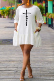 White Casual Print Patchwork Flounce O Neck A Line Dresses