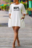 White Casual Print Patchwork Flounce O Neck A Line Dresses