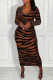 Brown Fashion Sexy Print Backless Zipper Collar Long Sleeve Dresses