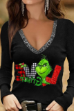 Black Red Casual Party Snowflakes Santa Claus Christmas Tree Printed Snowman Printed Patchwork V Neck Tops