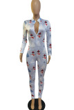 Red Casual Print Patchwork Zipper Collar Regular Jumpsuits